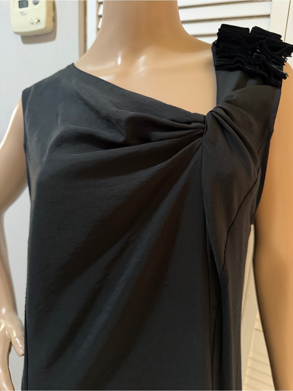 Black Draped Shift Dress Minimalist Cocktail Dress Rosette Shoulder Oversized
